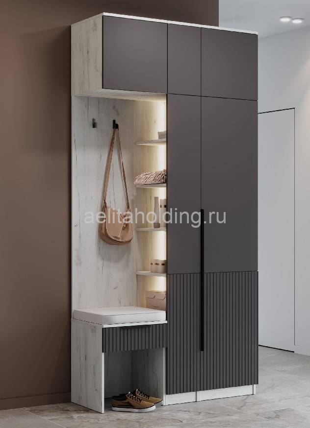 корпус дуб крафт белый, фасады МДФ графит SF-019 (фрезеровка 3Д-полоса)